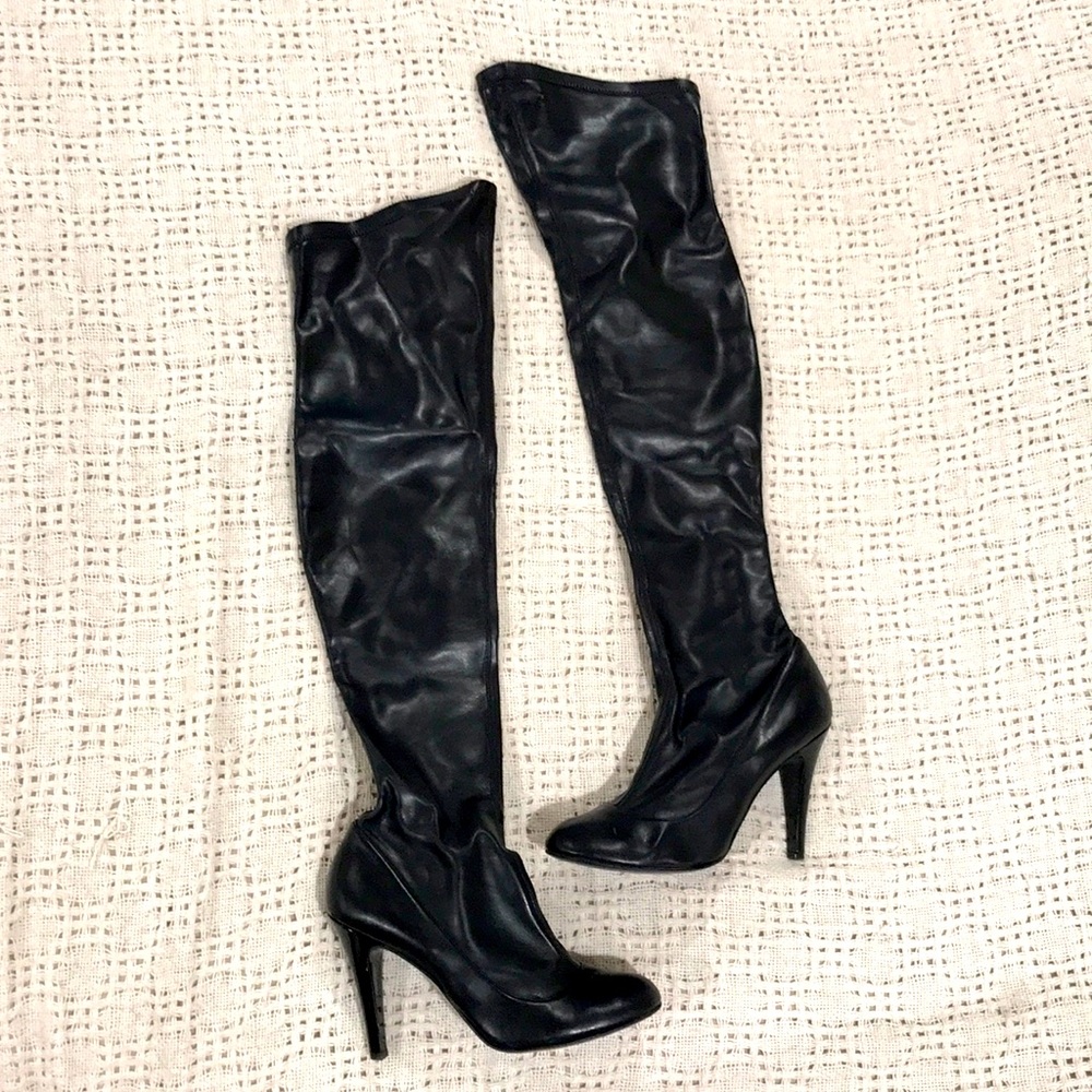Stella McCartney black leather over-the-knee heeled boots